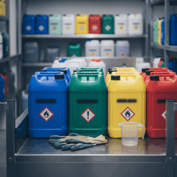 Zone de stockage organisée de produits agricoles avec conteneurs sécurisés et bac de rétention