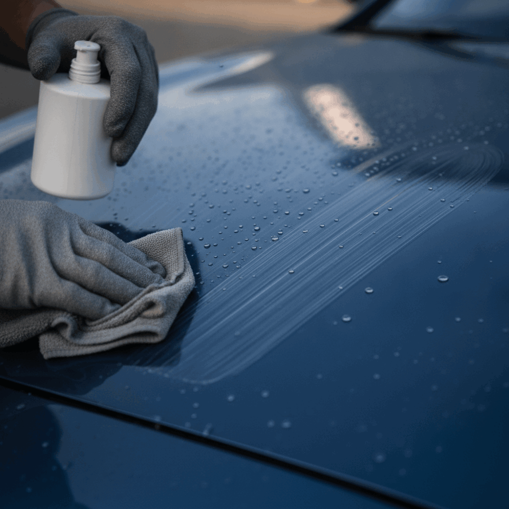 Gros plan sur l'application d'un lustrant sur un capot de voiture lors d'une offre découverte en detailing