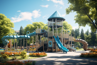 Aire de jeux colorée avec enfants jouant ensemble en plein air