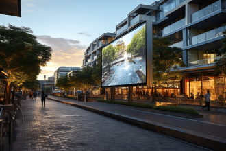 Enseigne publicitaire mettant en avant logo et slogan d'une entreprise