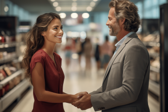 employé commercial en magasin interagissant avec des clients satisfaits
