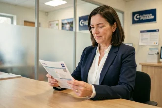 Femme consultant ses documents bancaires Access24 dans une agence La Banque Postale