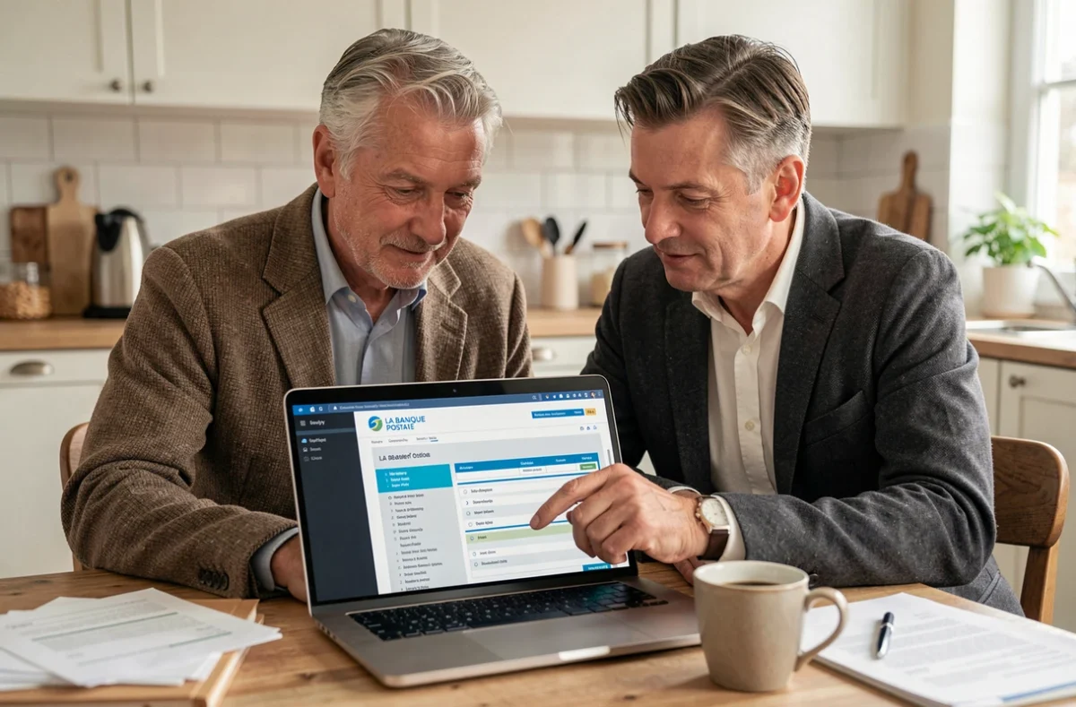Couple vérifiant leurs tarifs et services du compte Access24 La Banque Postale sur un ordinateur portable à domicile