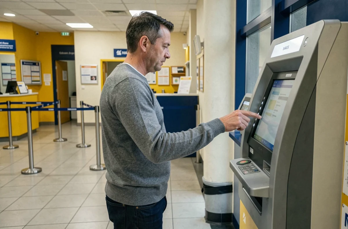 Homme utilisant un terminal en libre-service pour accéder aux services Access24 La Banque Postale