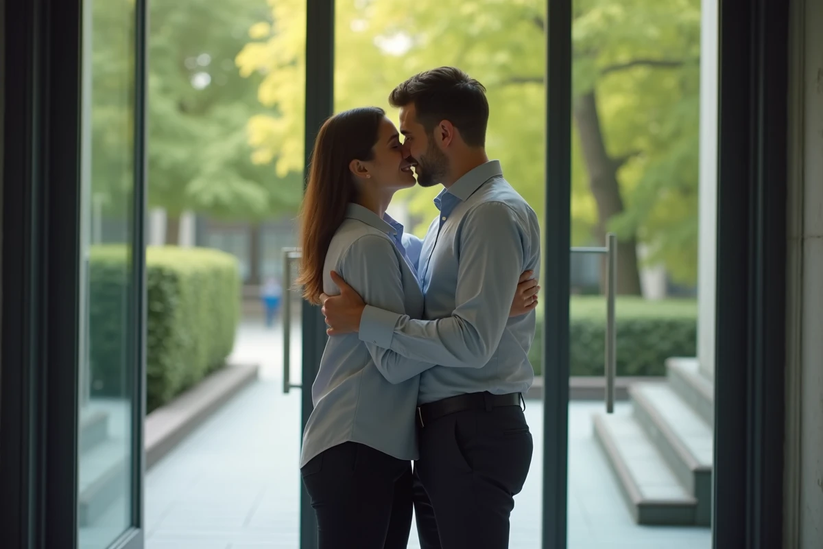 Femme embrassant un collègue devant l