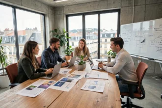 Équipe d'une agence de communication en Auvergne-Rhône-Alpes travaillant ensemble autour d'une table dans un bureau moderne et créatif