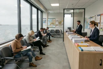 Vue d'ensemble d'une agence d'intérim animée en Bretagne avec des candidats et des recruteurs