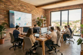 Vue panoramique d'une agence de marketing digital en Occitanie avec des équipes collaborant autour d'écrans d'analyse
