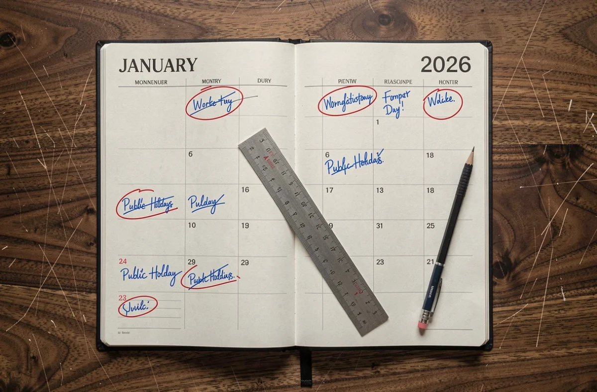 Vue aérienne d'un agenda 2026 ouvert avec jours ouvrés et jours fériés annotés au stylo