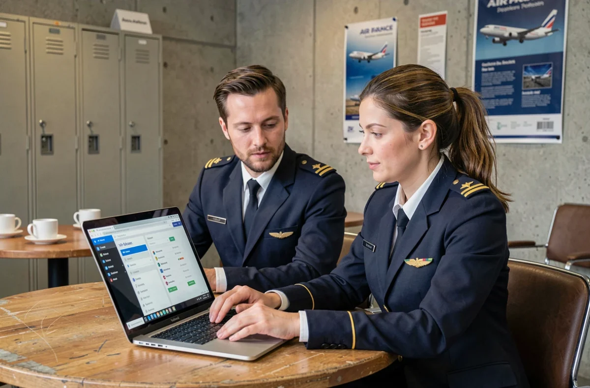 Deux agents Air France collaborant sur un portail intranet dans une salle d'équipage aéroportuaire