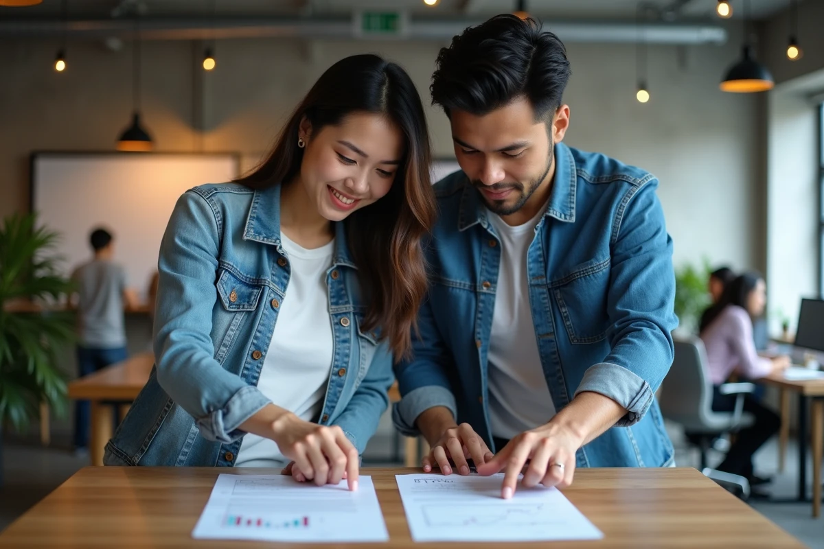 Deux collègues analysant un extrait Kbis et des documents d'immatriculation d'entreprise dans un espace de coworking