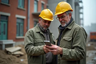 Artisan du bâtiment montrant son smartphone à un collègue sur un chantier de rénovation, illustrant la prospection numérique via une plateforme en ligne