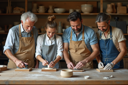 Groupe d'artisans en atelier créatif avec outils variés