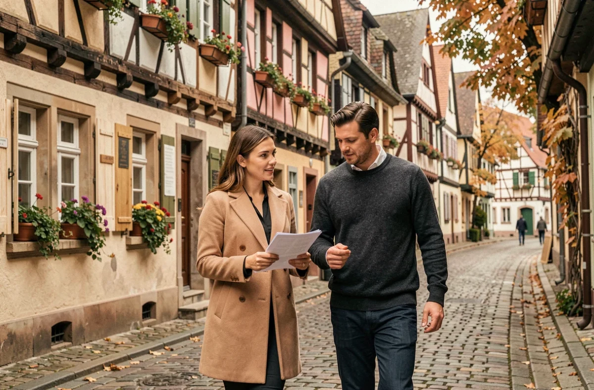 Deux associés d'une startup discutant de leur projet de création d'entreprise en marchant dans les rues pavées de Colmar avec l'architecture alsacienne typique en arrière-plan