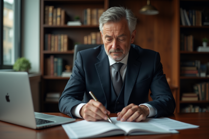Avocat en costume noir consulte un code juridique dans son bureau
