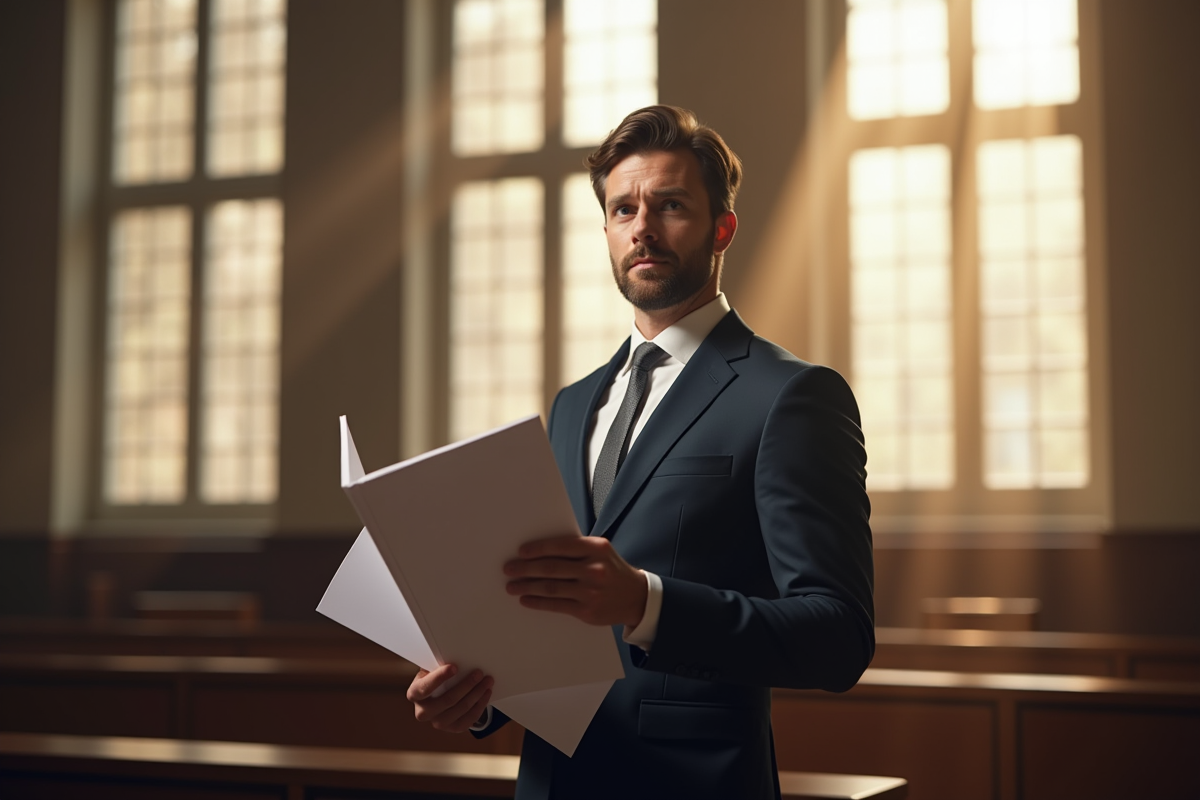 Avocat confiant tenant documents devant la salle d