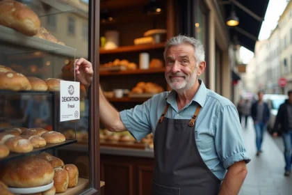 Boulanger français collant une affiche Dekortikon en boutique