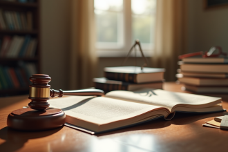 Bureau de droit bien organisé avec livres et marteau