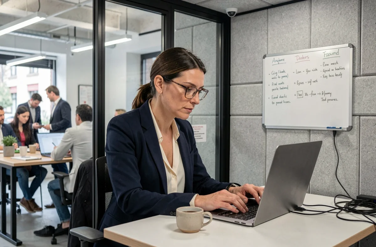 Femme professionnelle en cabine privée dans un espace de coworking à Lyon, travaillant sur son ordinateur portable