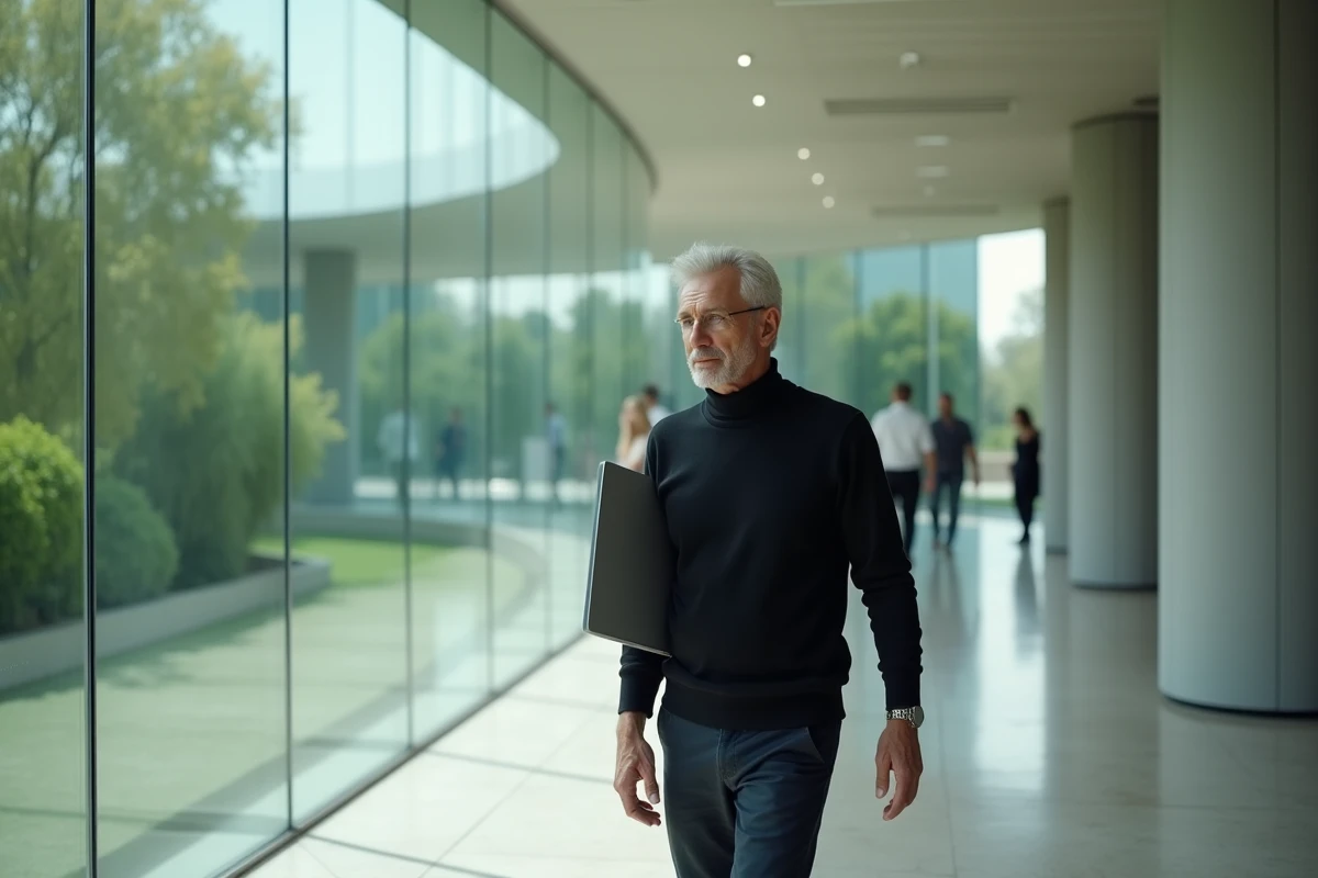 Cadre dirigeant Apple marchant dans les couloirs vitrés du campus Apple Park avec un laptop sous le bras