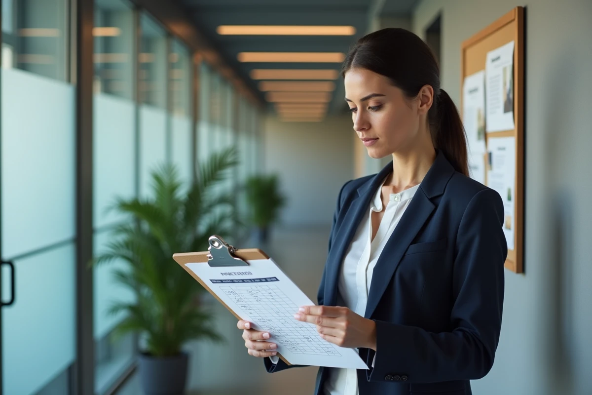 Cadre féminine en entreprise analysant un planning mensuel de travail sur un presse-papiers dans un couloir de bureau moderne, en lien avec la réglementation des 67 heures et les heures supplémentaires