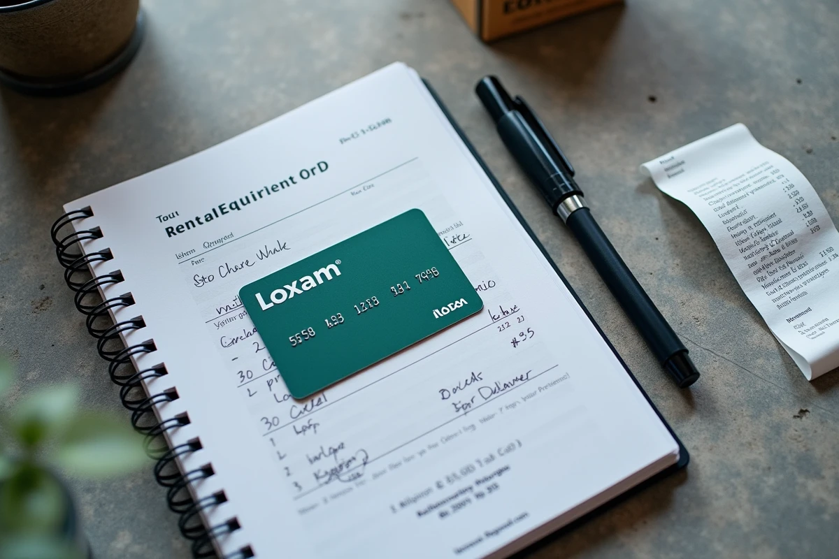 Carte de fidélité Loxam posée sur béton avec carnet de notes et ticket de location pour le guide points 2026