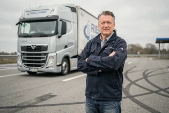 Chauffeur routier expérimenté posant devant son camion semi-remorque sur une aire d'autoroute en France