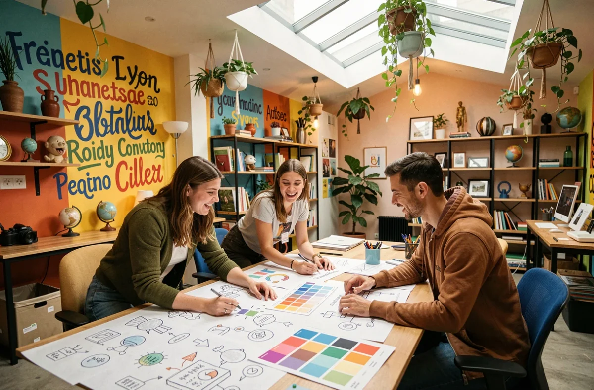 Équipe créative de l'agence de communication Cher Ami à Lyon collaborant sur des concepts publicitaires colorés dans un studio artistique et chaleureux