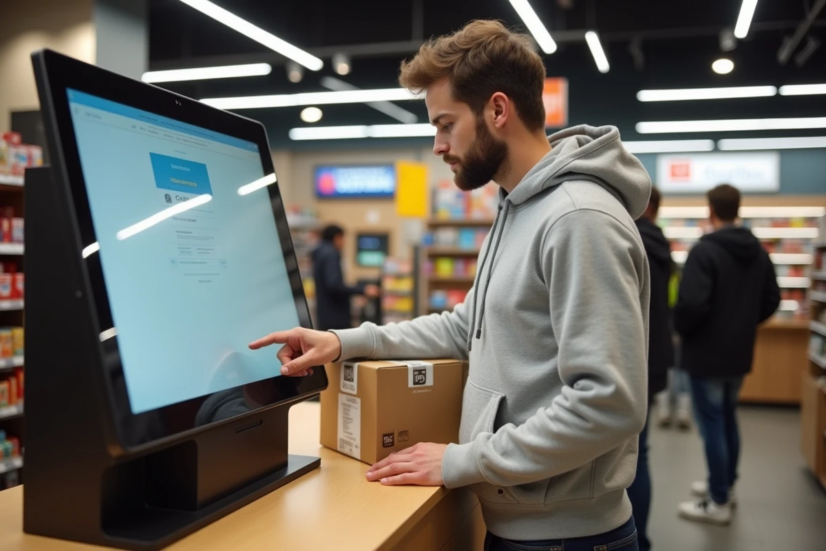 Client déposant un colis à un point relais UPS dans une boutique en France