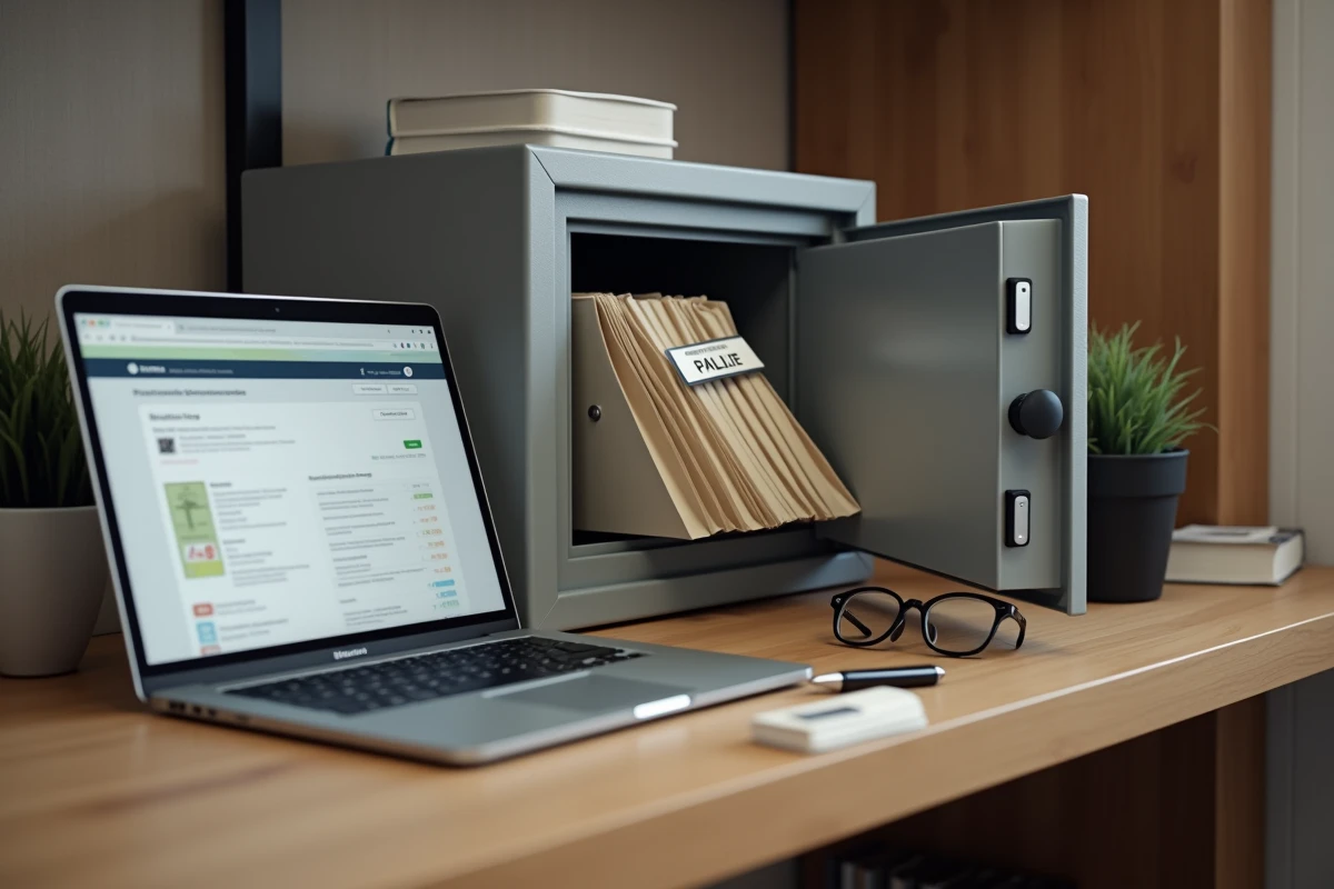 Coffre-fort de documents physique et coffre-fort numérique côte à côte pour sécuriser les bulletins de paie