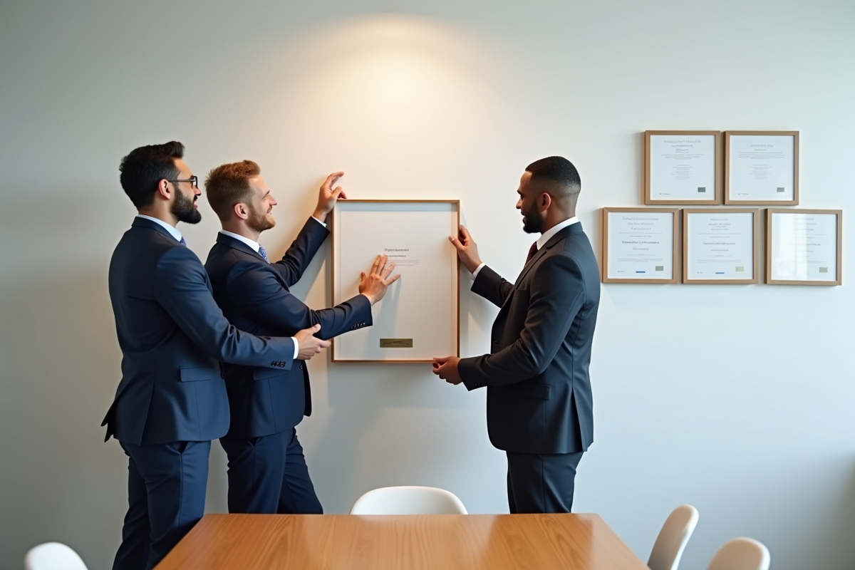 Groupe de professionnels collant une plaque dans une salle de réunion