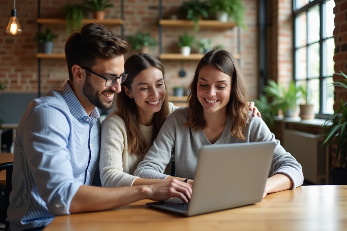 Groupe de collègues collaborant autour d'un ordinateur portable dans un espace de coworking convivial
