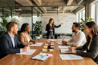 Groupe de collègues professionnels collaborant autour d'une table de conférence en bois dans un bureau moderne, illustrant le travail en équipe et la cohésion d'équipe