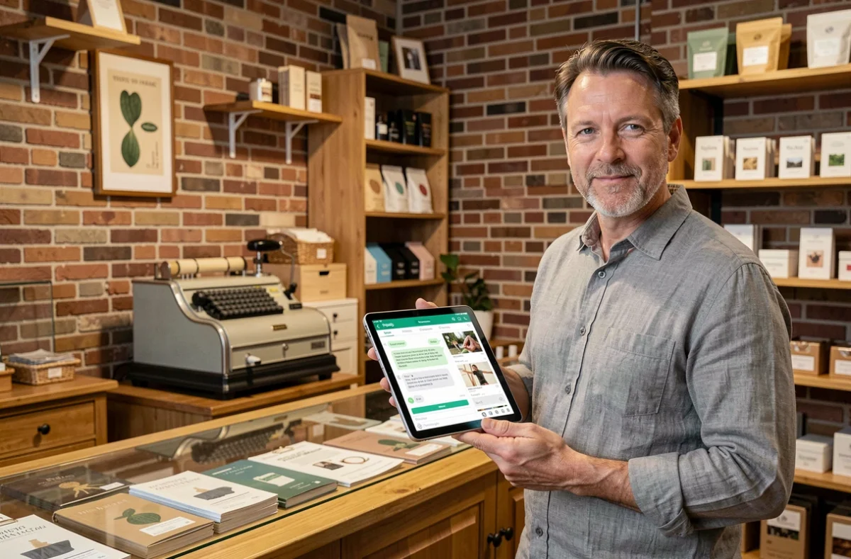 Commerçant utilisant WhatsApp Business sur tablette dans sa boutique pour communiquer avec ses clients et augmenter ses ventes