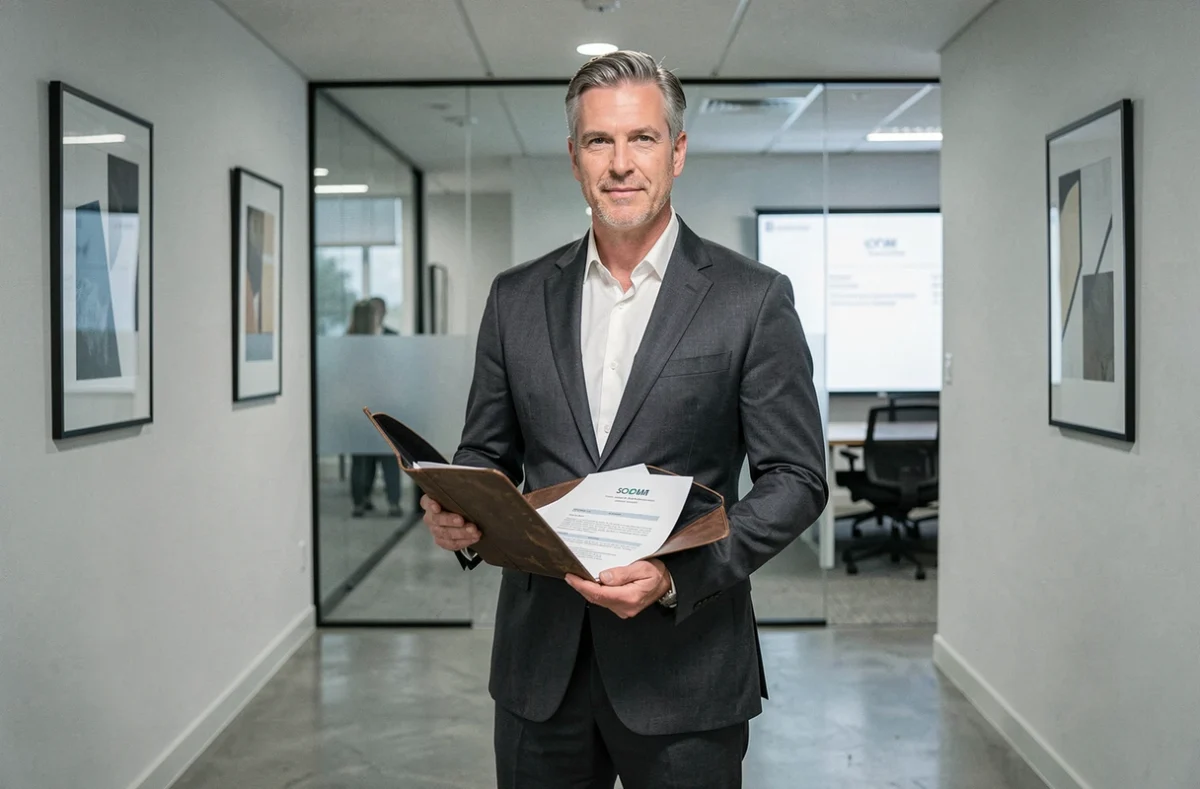 Commercial senior tenant son CV dans un couloir de bureau corporate, posture confiante avant un entretien d'embauche