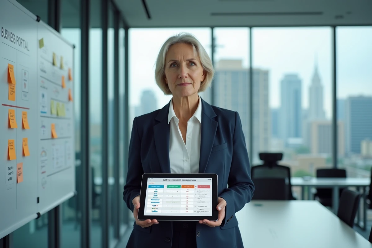 Directrice de projet comparant des solutions de portail métier SaaS en salle de réunion