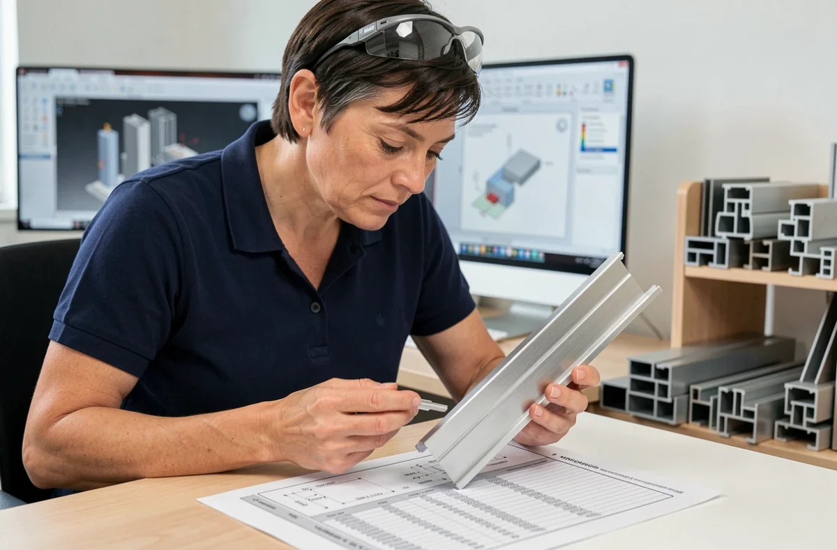 Technicienne comparant un profilé aluminium en U avec une fiche technique de catalogue en bureau d'études