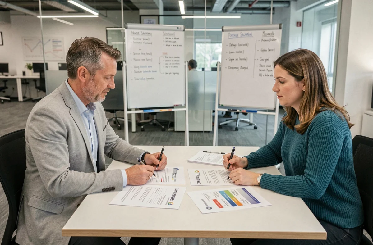 Deux professionnels comparant des sociétés de portage informatique autour d'une table de réunion en entreprise