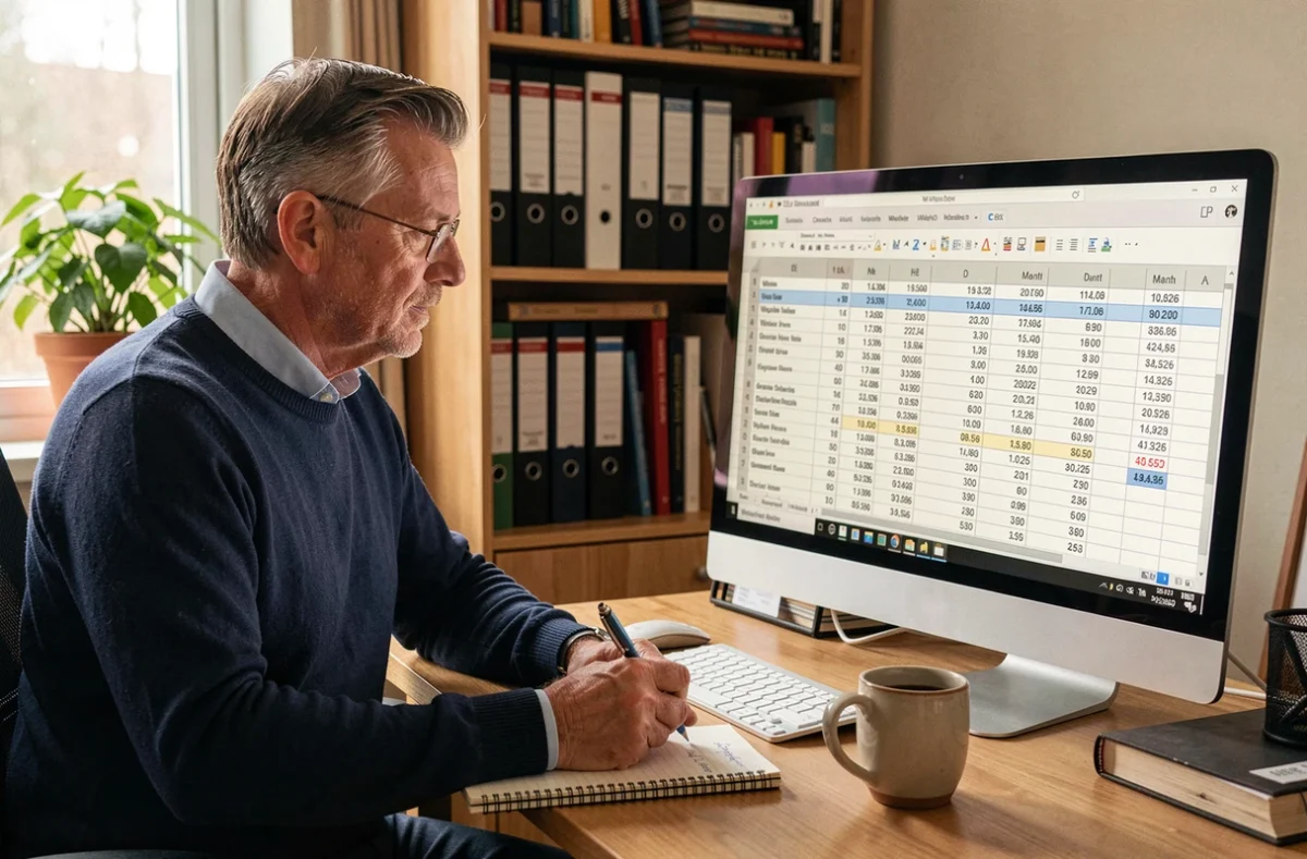 Comptable consultant un tableau de jours ouvrés 2026 sur écran d'ordinateur dans un bureau à domicile