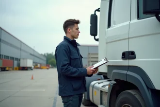 Conducteur routier débutant debout devant un camion semi-remorque dans un dépôt logistique, consultant des documents sur un clipboard