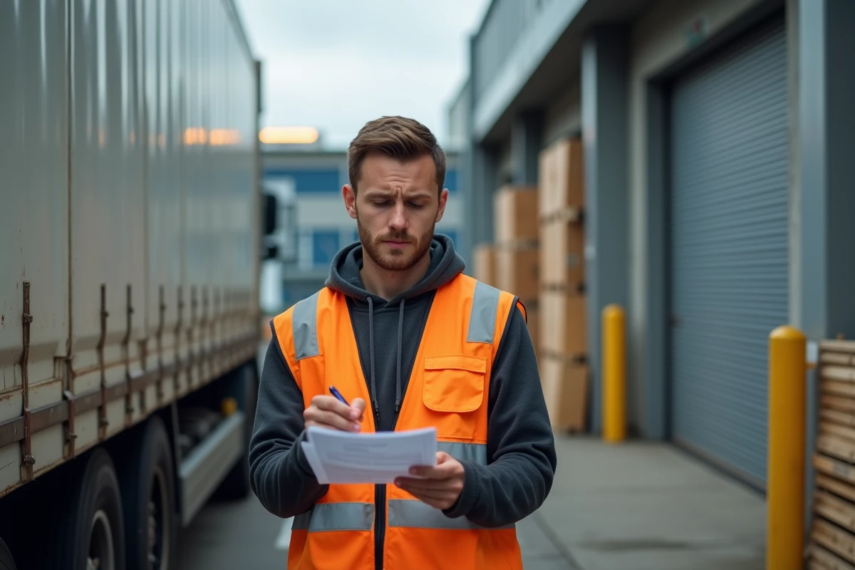 Conducteur routier débutant examinant un manifeste de livraison à quai de chargement, portant un gilet de sécurité réfléchissant