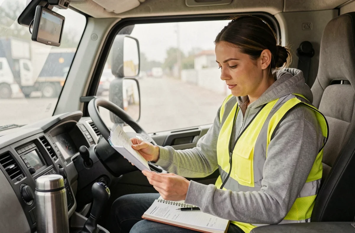 Conductrice de poids lourd analysant ses fiches de paie et négociant son taux horaire dans la cabine de son camion
