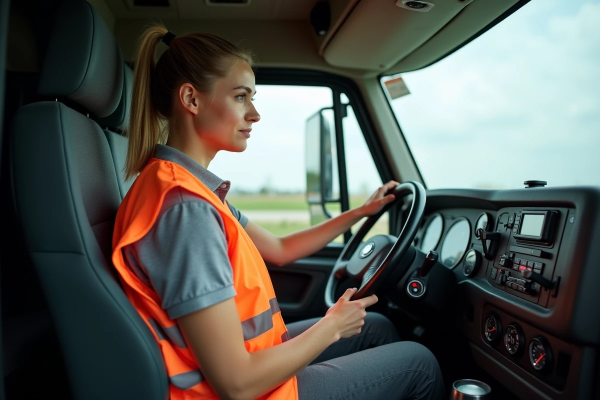 Jeune femme conductrice routière débutante assise dans la cabine d'un camion, mains sur le volant, portant un gilet haute visibilité