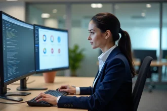 Administratrice configurant les droits d'accès utilisateurs sur un logiciel de gestion de projet en open space moderne