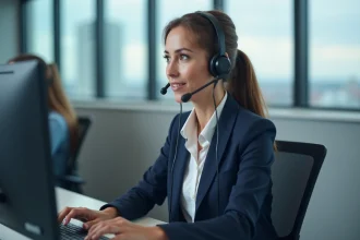Conseillère du service client UPS au téléphone dans un centre d'appels professionnel
