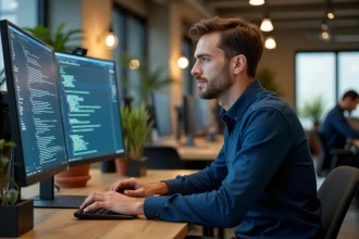 Consultant freelance IT travaillant dans un espace de coworking moderne avec double écran