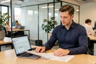 Consultant informatique indépendant en portage salarial analysant un contrat dans un espace de coworking moderne