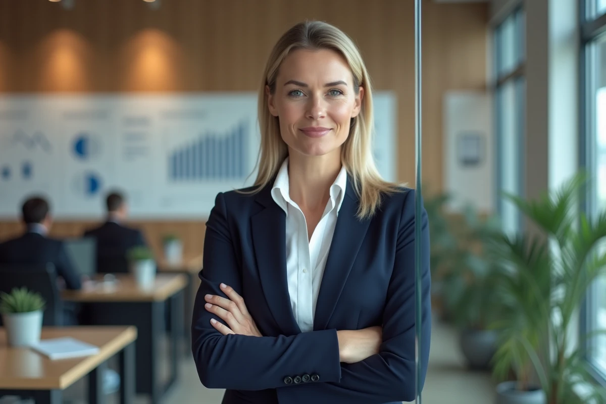 Consultante en conformité posant devant un tableau financier