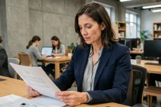 Consultante indépendante en portage salarial examinant un contrat dans un espace de coworking moderne