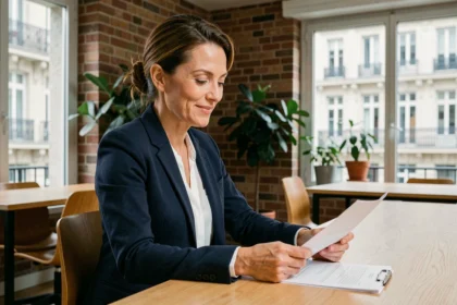 Consultante en portage salarial à Lyon révisant ses documents dans un espace de coworking moderne